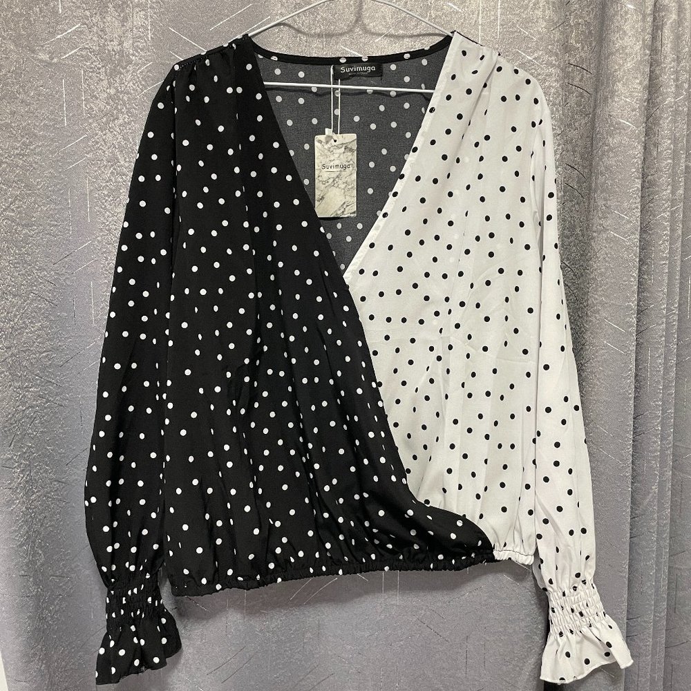 SUVIMUGA Black & White Polka Dot Asymmetrical Blouse with Ruched Sleeves - O/S